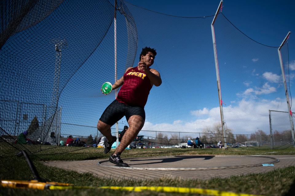 Rocky Mountain High School discus thrower Kaiden Major participates in the finals of the event at the Randy Yaussi City Track Meet at French Field on Tuesday.