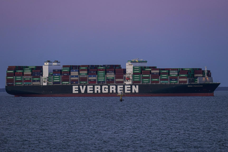 The container ship Ever Forward, which ran aground in the Chesapeake Bay off the coast near Pasadena, Md., the night before, is seen Monday, March 14, 2022. (AP Photo/Julio Cortez)