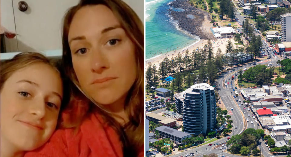 Single mother Emily Wright and her daughter Dotti pictured on the left, might have to leave the Gold Coast in Queensland (pictured on the right) due to the lack of affordable housing available. Source: Sunrise and Getty