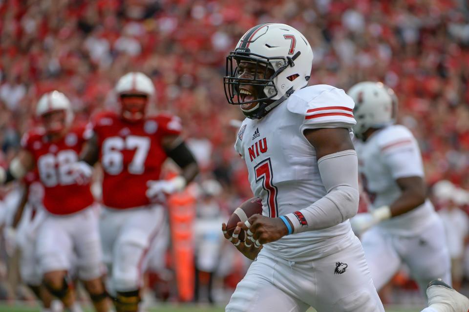 LINCOLN, NE – SEPTEMBER 16: Linebacker Jawuan Johnson #7 of the Northern Illinois Huskies celebrates after scoring against the Nebraska Cornhuskers at Memorial Stadium on September 16, 2017 in Lincoln, Nebraska. (Photo by Steven Branscombe/Getty Images)