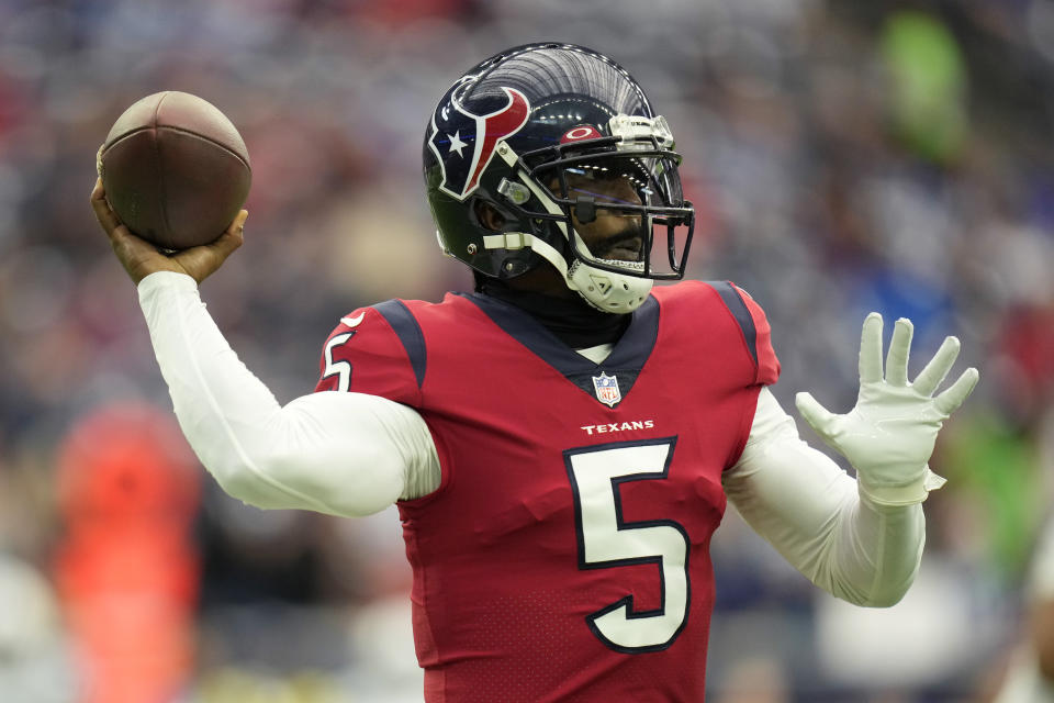 Houston Texans quarterback Tyrod Taylor (5) throws against the Indianapolis Colts during an NFL football game, Sunday, Dec. 5, 2021, in Houston. (AP Photo/Eric Christian Smith)