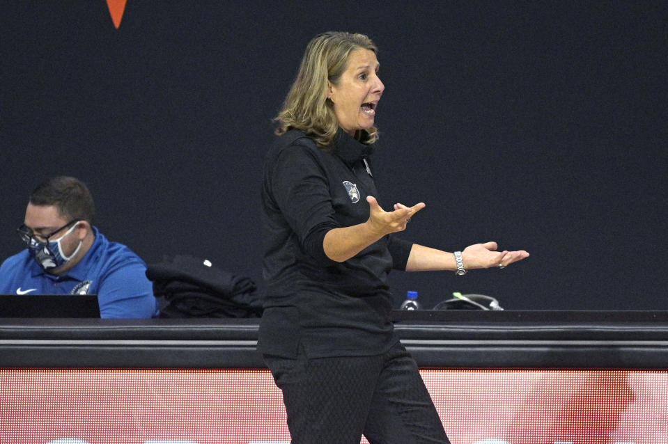 Minnesota Lynx head coach Cheryl Reeve reacts to a play during the first half of a WNBA basketball game against the Las Vegas Aces, Thursday, Sept. 10, 2020, in Bradenton, Fla. (AP Photo/Phelan M. Ebenhack)