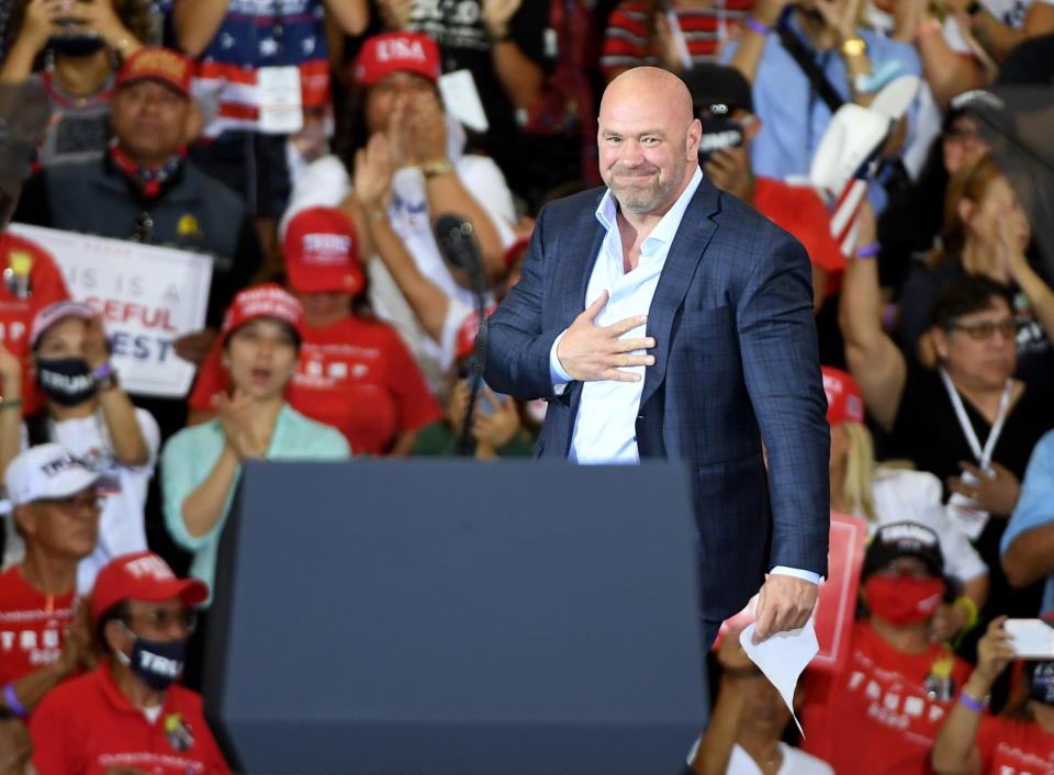 HENDERSON, NEVADA - SEPTEMBER 13:  UFC President Dana White gestures as he walks onstage to speak at a campaign event for U.S. President Donald Trump at Xtreme Manufacturing on September 13, 2020 in Henderson, Nevada. Trump's visit comes after Nevada Republicans blamed Democratic Nevada Gov. Steve Sisolak for blocking other events he had planned in the state.  (Photo by Ethan Miller/Getty Images)