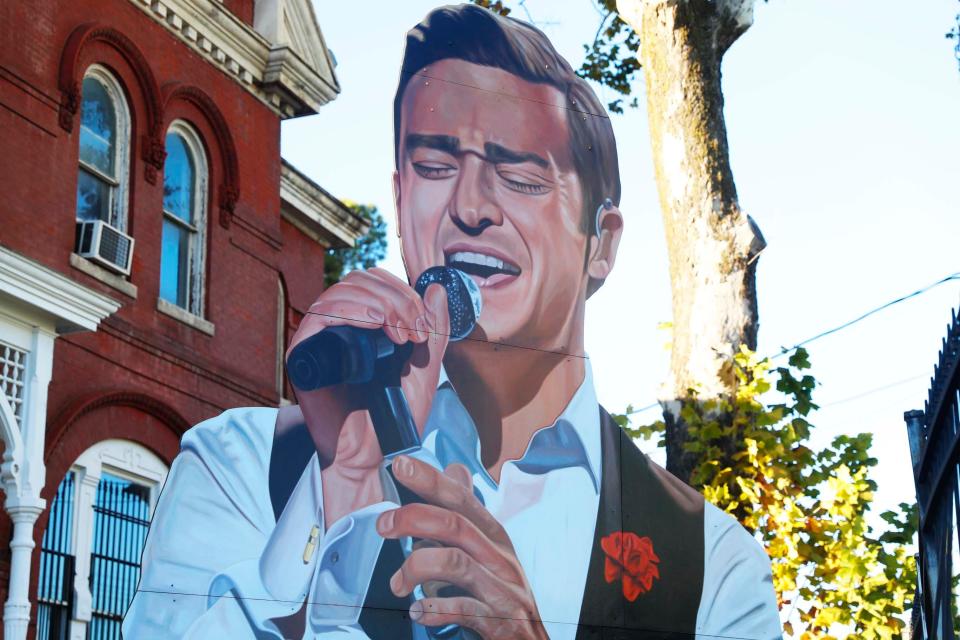 A cut-out of Justin Timberlake can be seen on Tuesday, Dec. 5, 2023, in front of the historic Lowenstein House at Jefferson and Manassas in Memphis, Tenn. Created and installed by California artist John Cerney, the cut-out was commissioned by Memphis/Los Angeles investor/developer William Townsend.