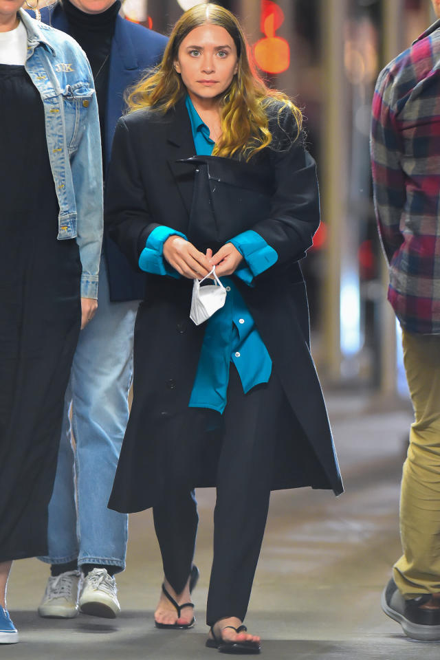 Ashley Olsen White Coat and Jeans Spring Outfit
