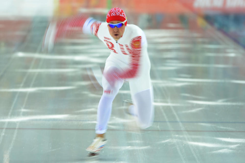 Russia's Denis Yuskov competes in the Men's Speed Skating 1000 m at the Adler Arena during the Sochi Winter Olympics on February 12, 2014.