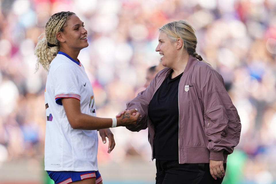 COMMERCE CITY, COLORADO - JUNE 01: United States head coach Emma Hayes  shakes hands with Trinity Rodman #22 during the second half against the Korea Republic at Dick's Sporting Goods Park on June 01, 2024 in Commerce City, Colorado. (Photo by Brad Smith/ISI Photos/USSF/Getty Images)