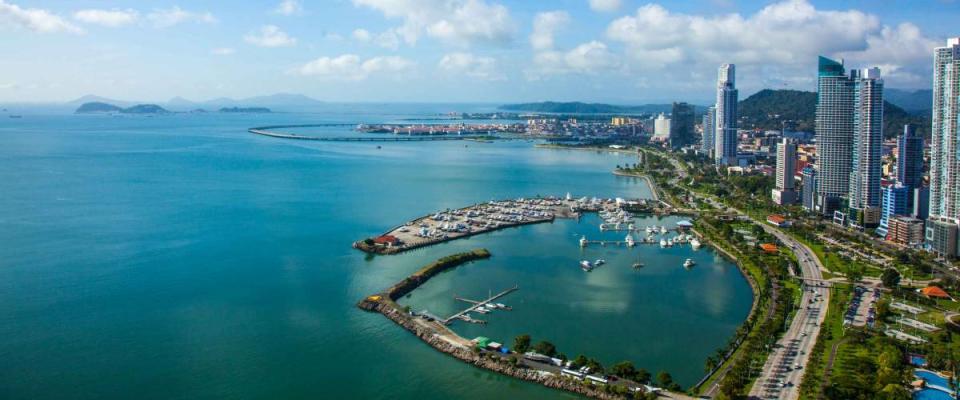 Aerial View from Panama City in Panama.View to Casco Viejo and Panama Canal