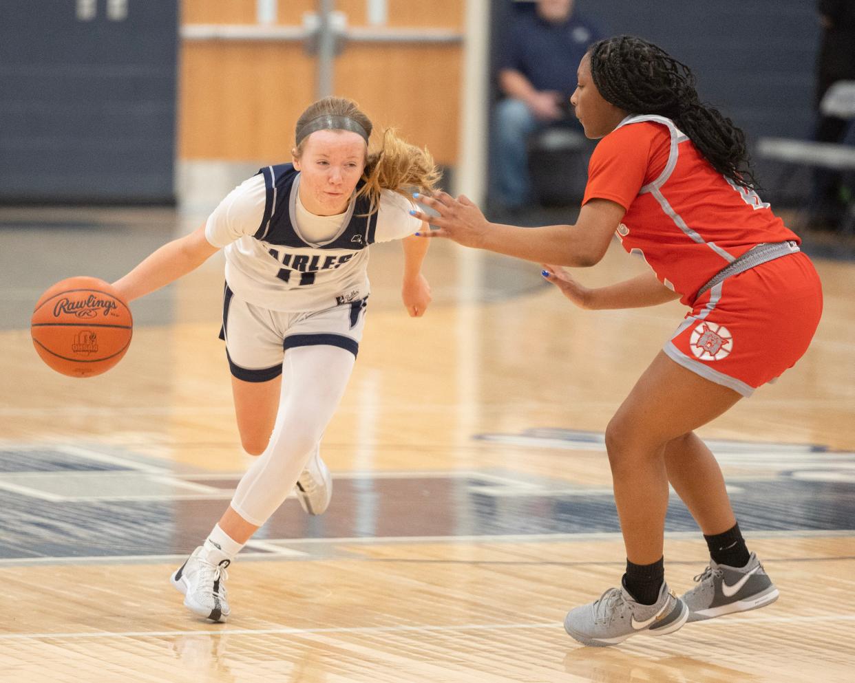 Fairless' Zoey Steele charges down the court with defense from Canton South's Aniyah Hall in the first half at Fairless Saturday, Dec. 30, 2023.