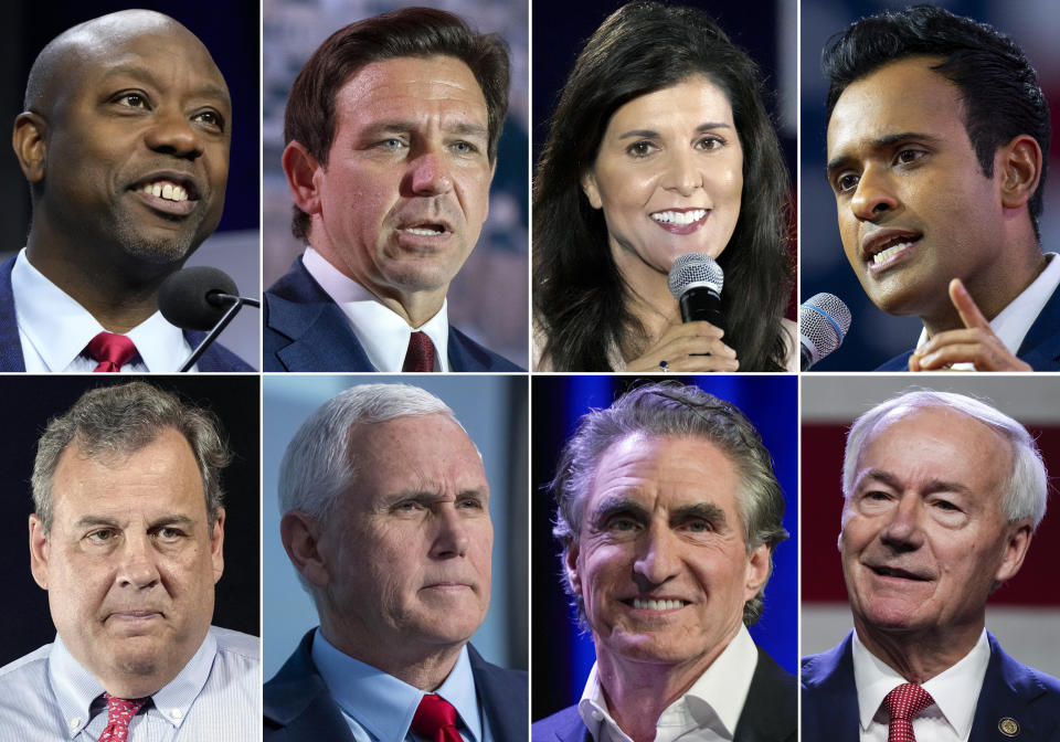 This combination of photos shows Republican presidential candidates, top row from left, Sen. Tim Scott, R-S.C., Florida Gov. Ron DeSantis, former South Carolina Gov. Nikki Haley, and Vivek Ramaswamy, bottom row from left, former New Jersey Gov. Chris Christie, former Vice President Mike Pence, North Dakota Gov. Doug Burgum and Governor Asa Hutchinson. (AP Photo)