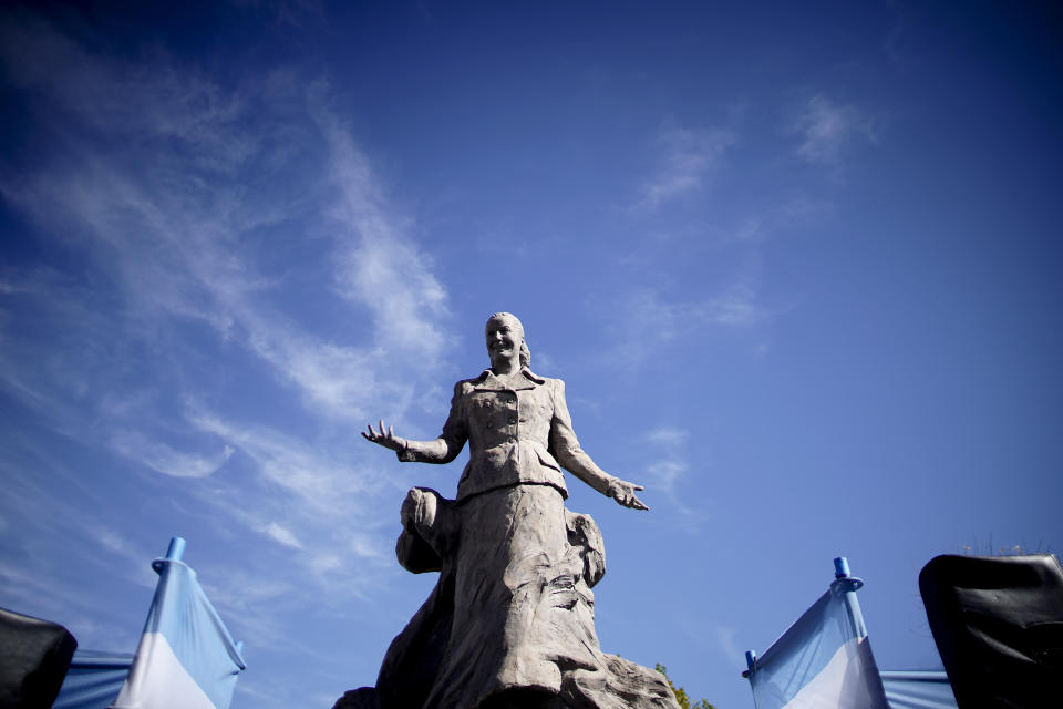 A statue of Eva Person stands in Los Toldos, Argentina, Monday, May 6, 2019. One day ahead of the 100th anniversary of Evita's birth, the home where One day ahead of the 100th anniversary of Evita's birth, the home where Argentina's mythical first lady was born and raised was opened to the public with an exhibition recounting the childhood of the woman who, together with her husband Juan Domingo Perón, will forever mark Argentine history. (AP Photo/Natacha Pisarenko)