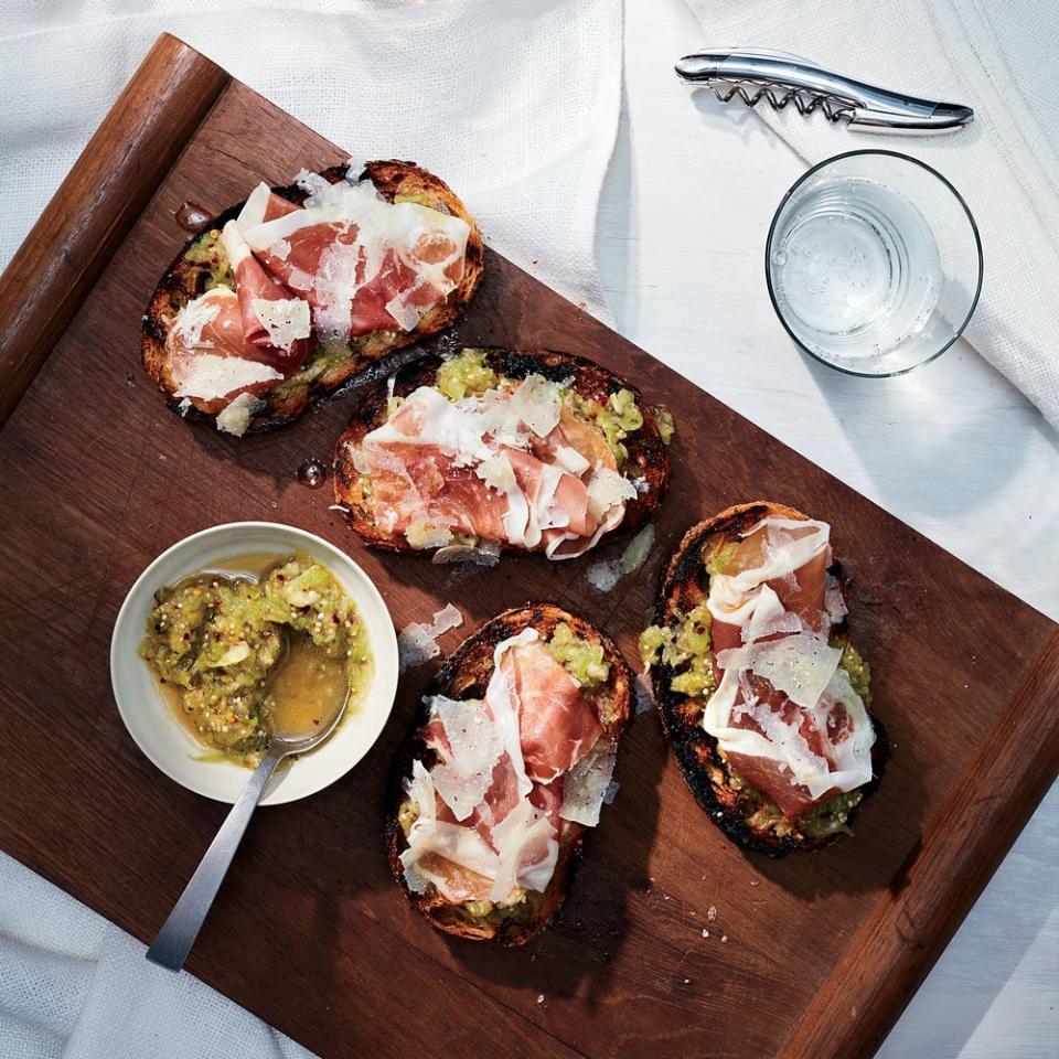 Tomatillo Toasts with Prosciutto and Manchego 
 