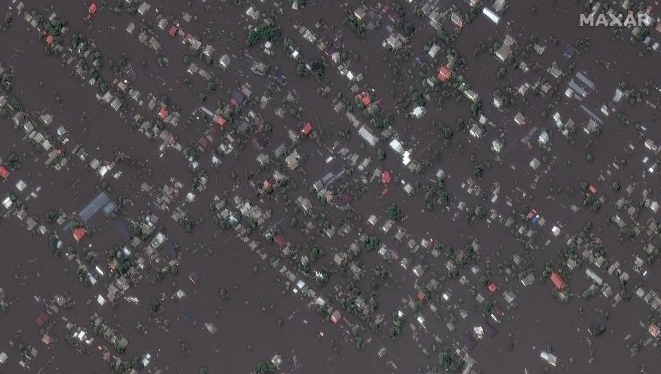 Aerial view of Russia-held Kherson town Oleshky shows heavy flooding (Satellite image ©2023 Maxar Technologies.)