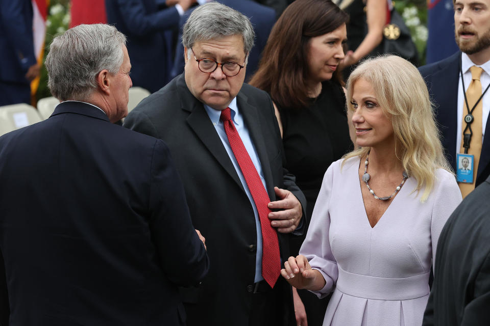 White House Chief of Staff Mark Meadows, Attorney General William Barr and Counselor to the President Kellyanne Conway talk in the Rose Garden after President Donald Trump introduced 7th U.S. Circuit Court Judge Amy Coney Barrett, 48, as his nominee to the Supreme Court at the White House September 26, 2020 in Washington, DC.  / Credit: Getty Images