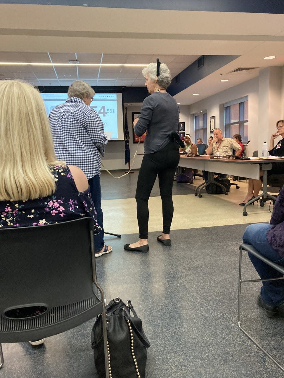 Ruth Baize and Theresa Finn talk to the EVSC school board about &quot;furries,&quot; on Monday, Sept. 19, 2022. Baize said schoolchildren are being allowed to dress and behave like animals and disrupt school. EVSC officials say that is not happening.