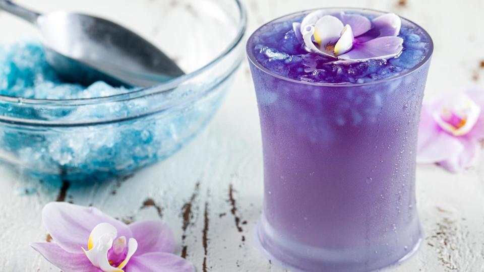 Grapefruit Basil Kombucha Mocktail with Butterfly Pea Flower Shaved Ice