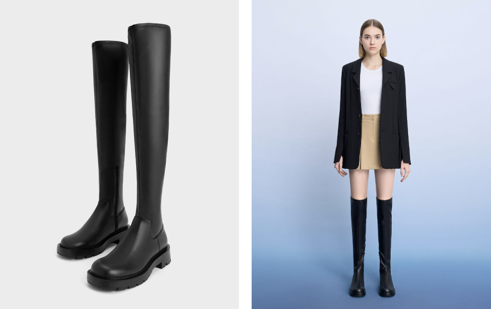 Charles & Keith Zip-Up Thigh-High Boots comes in black.