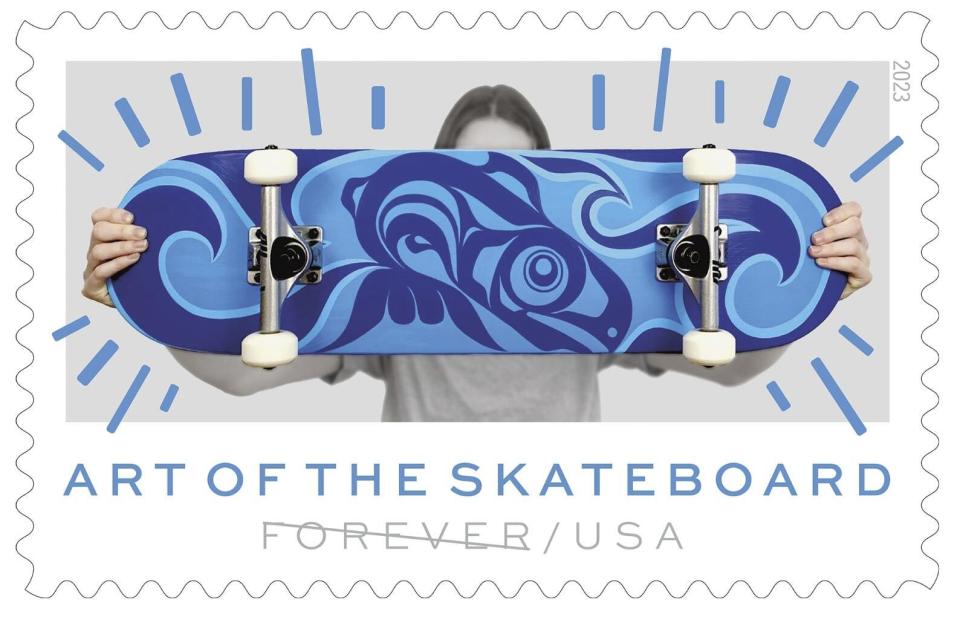 This image provided by the U.S. Postal Service shows an "Art of the Skateboard" Forever stamp with a design by artist Crystal Worl, who is Tlingit and Athabascan. The agency on Friday, March 24, 2023, is debuting the stamps at a Phoenix skate park. The stamps feature designs from four artists from around the country, including two Indigenous artists. (Courtesy of USPS via AP)