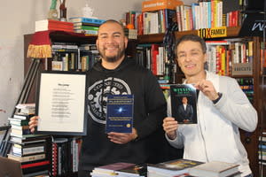 Jose Escobar, Connected Leaders Academy pictured with Austin James Haines, Midlife Poet, with poem "The Jump"