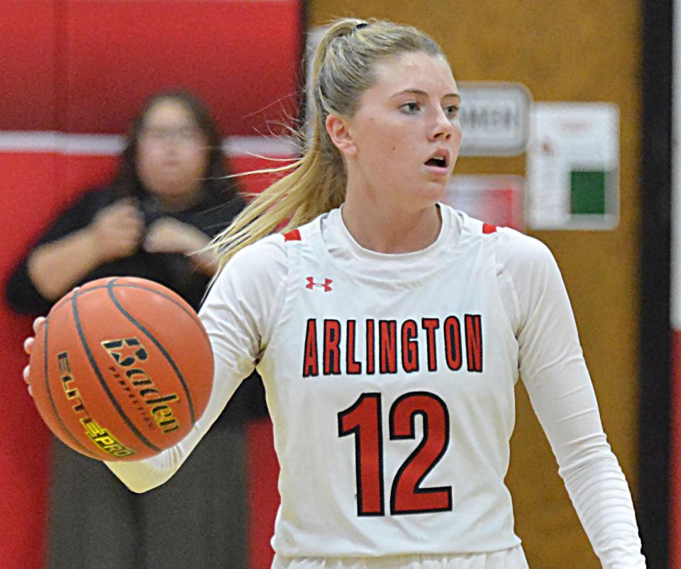 Arlington's Isabelle Steffensen handles the ball during a high school girls basketball game against Florence-Henry on Tuesday, Jan. 23, 2024 in Arlington. Arlington won 51-44.