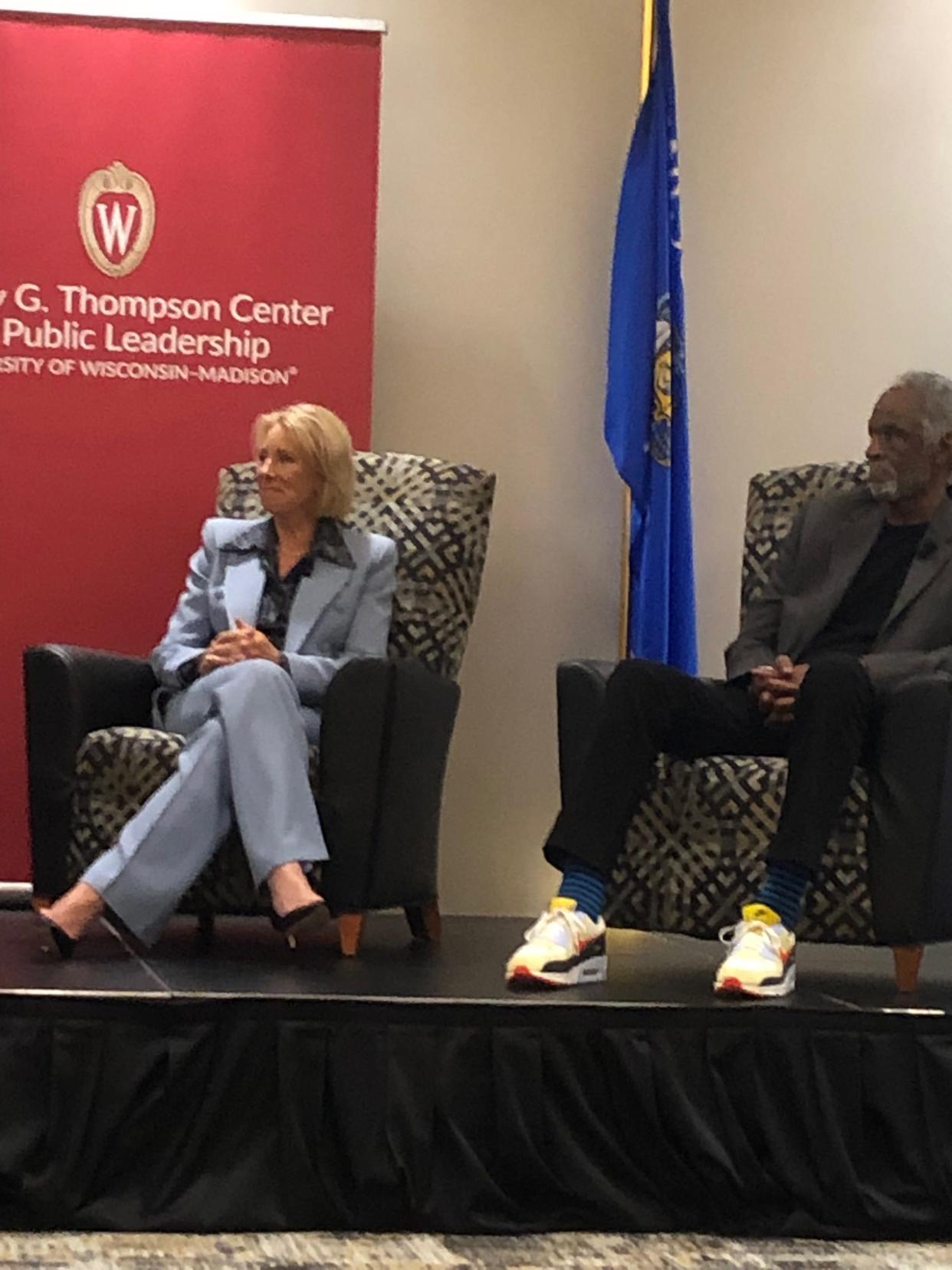 Former U.S. Secretary of Education Betsy Devos, left and Marquette University professor emeritus Howard Fuller, a  school-choice advocate, spoke Tuesday, Oct. 11, 2022 during an event hosted by the Tommy G. Thompson Center on Public Leadership at the University of Wisconsin-Oshkosh