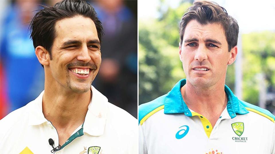 Pat Cummins (pictured right) during a media conference and (pictured left) Mitchell Johnson during a match.