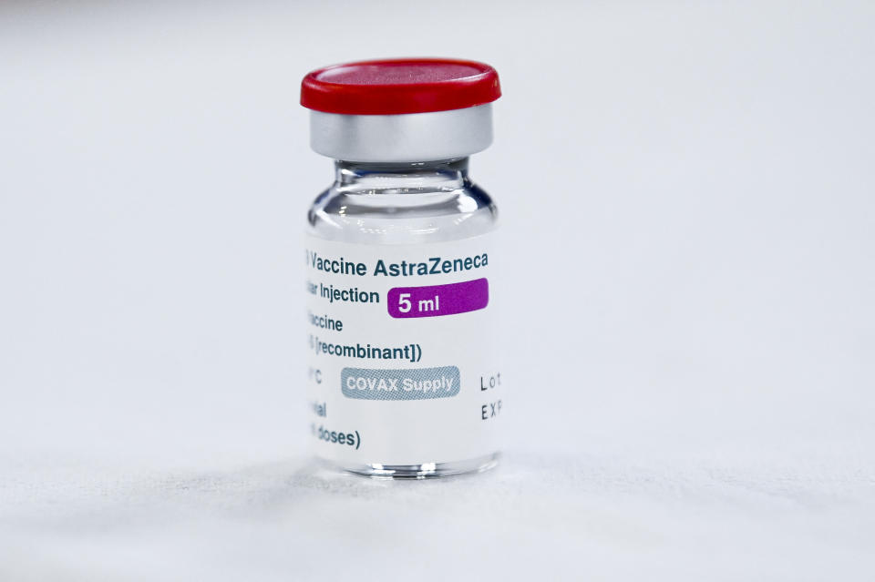 A vial of AstraZeneca Covid-19 vaccine is pictured at a vaccination centre in Pristina on April 13, 2021 as the government begins the country&#39;s vaccination rollout for people aged over 85 with the AstraZeneca vaccine. - Kosovo received 24,000 doses of the AstraZeneca vaccine at the end of March, its first batch of COVID-19 vaccines received through the UN-backed COVAX scheme. (Photo by Armend NIMANI / AFP) (Photo by ARMEND NIMANI/AFP via Getty Images)