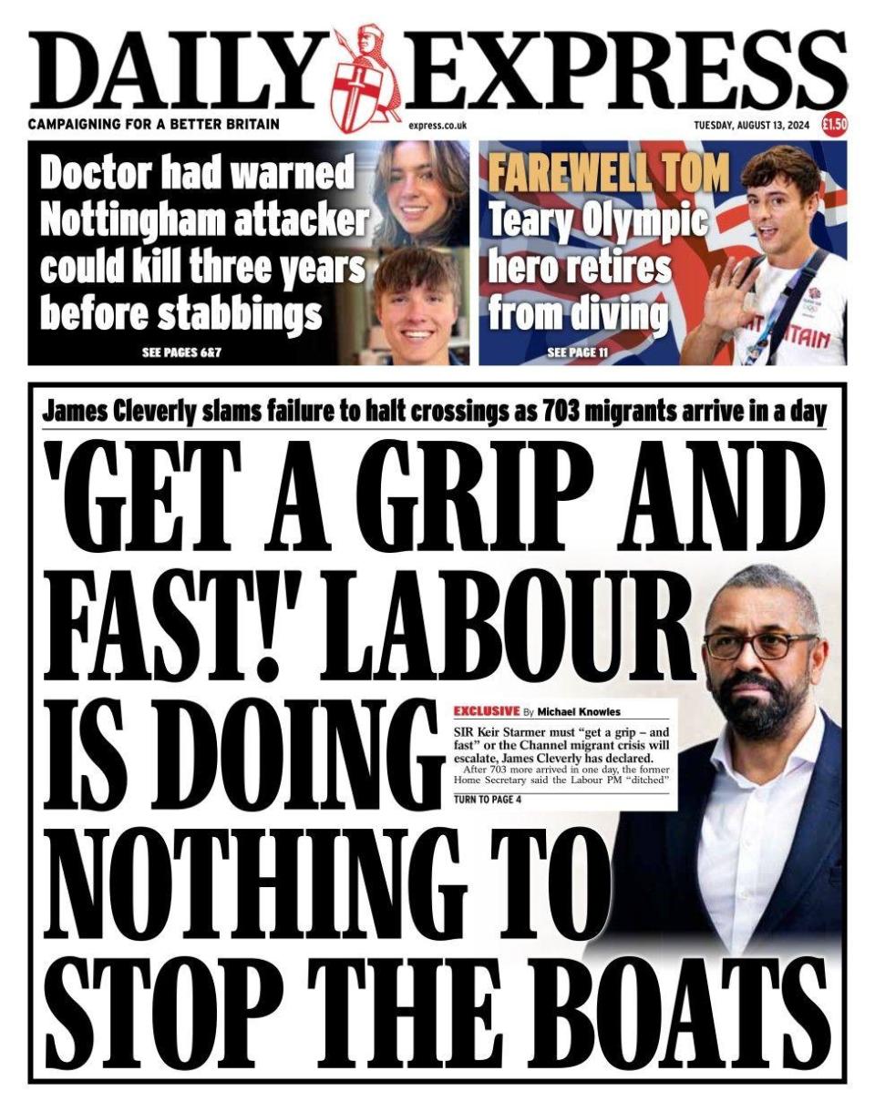 The headline in the Daily Express reads: Get a grip and fast! Labour is doing nothing to stop the boats