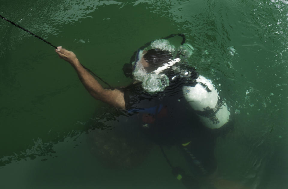 In this Wednesday, April 4, 2012 photo, a pearl diver pulls up a basket full of oyster shells from the bottom of the sea, in Ras al-Khaimah, United Arab Emirates. After cleaning, these oyster shells will be taken to the laboratory. Long before the discovery of oil transformed the Gulf, the region's pearl divers were a mainstay of the economy. Their way of life, however, also was changed forever after Japanese researchers learned how to grow cultured pearls in 1930s. Now a collaboration between pearl traders in Japan and the United Arab Emirates had brought oyster farming to the UAE for the first time. (AP Photo/Kamran Jebreili)