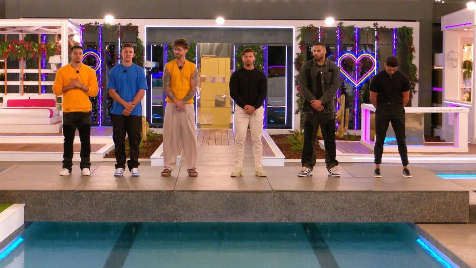 toby, mitchel, chris, jake, luis, anton, line up by the pool during love island all stars, day 1