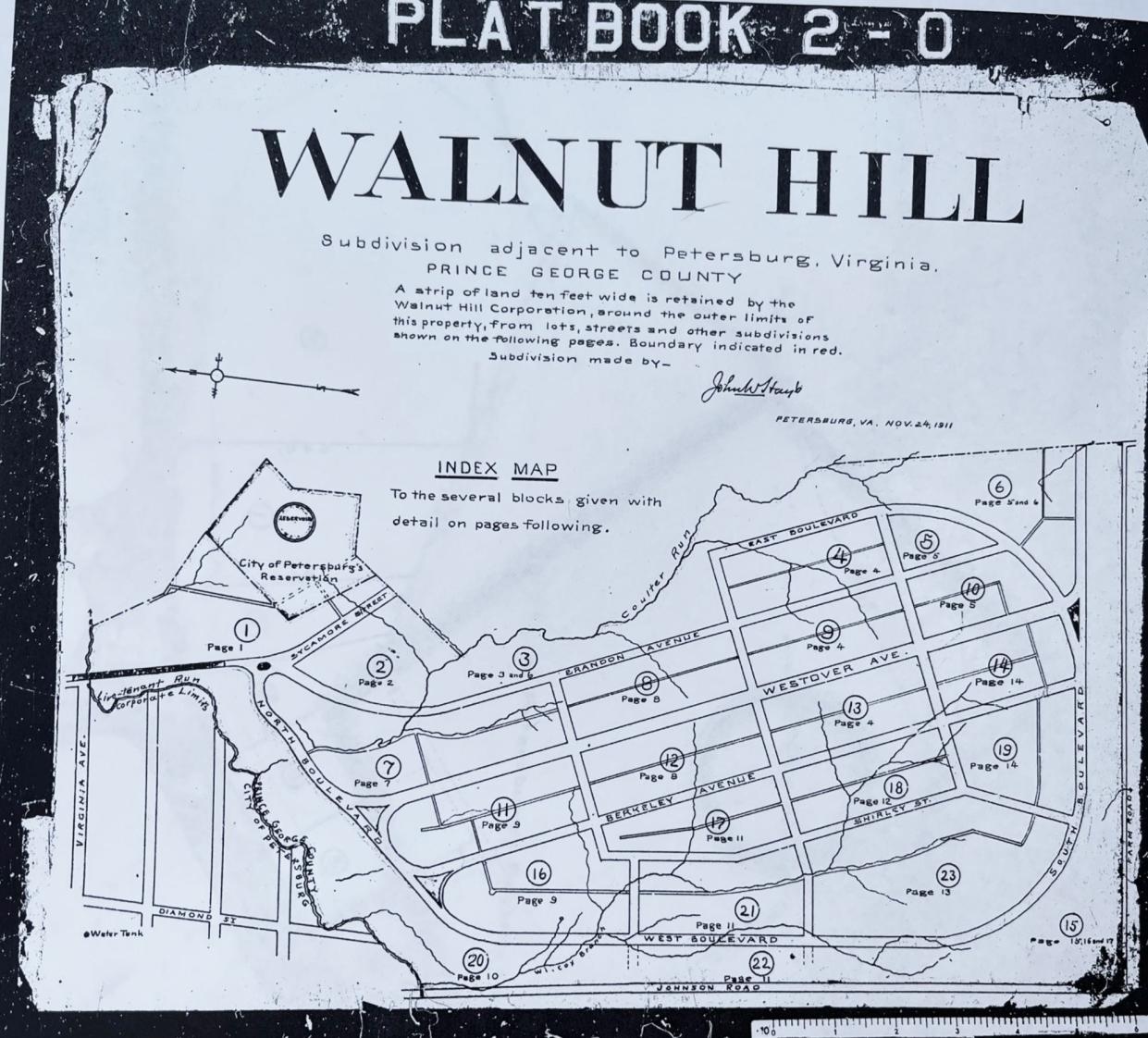 A plat map of Walnut Hill from 1911 shows the neighborhood's earliest organization. More streets and blocks were added as the neighborhood grew. The S. Sycamore Street house is located within Block 1.