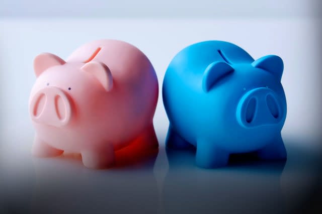 BDJD2R Piggy Banks bickering, colour pink, color blue, color pink, close-shot, blank space, close shot, disputing, disagreeing,