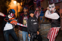 <p>Big Sean and rumored gal pal Jhene Aiko looked relatively calm during their Halloween Horror Nights photo op — then again, this was snapped before the real scares began. (Photo: Mike Danenberg/Universal Studios Hollywood) </p>