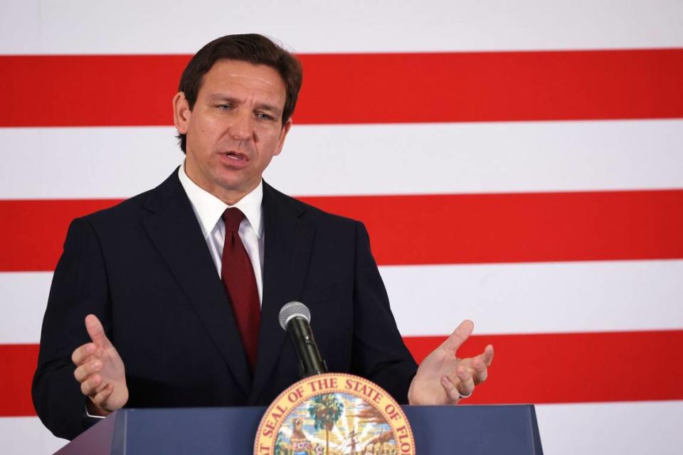 Florida Gov. Ron DeSantis holds a news conference to sign the Reedy Creek bill on Monday, Feb. 27, 2023.