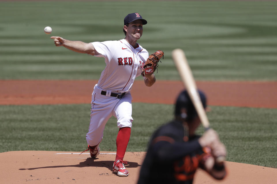 Boston Red Sox's Ryan Weber delivers a pitch against the Baltimore Orioles during the first inning of a baseball game, Sunday, July 26, 2020, in Boston. (AP Photo/Steven Senne)