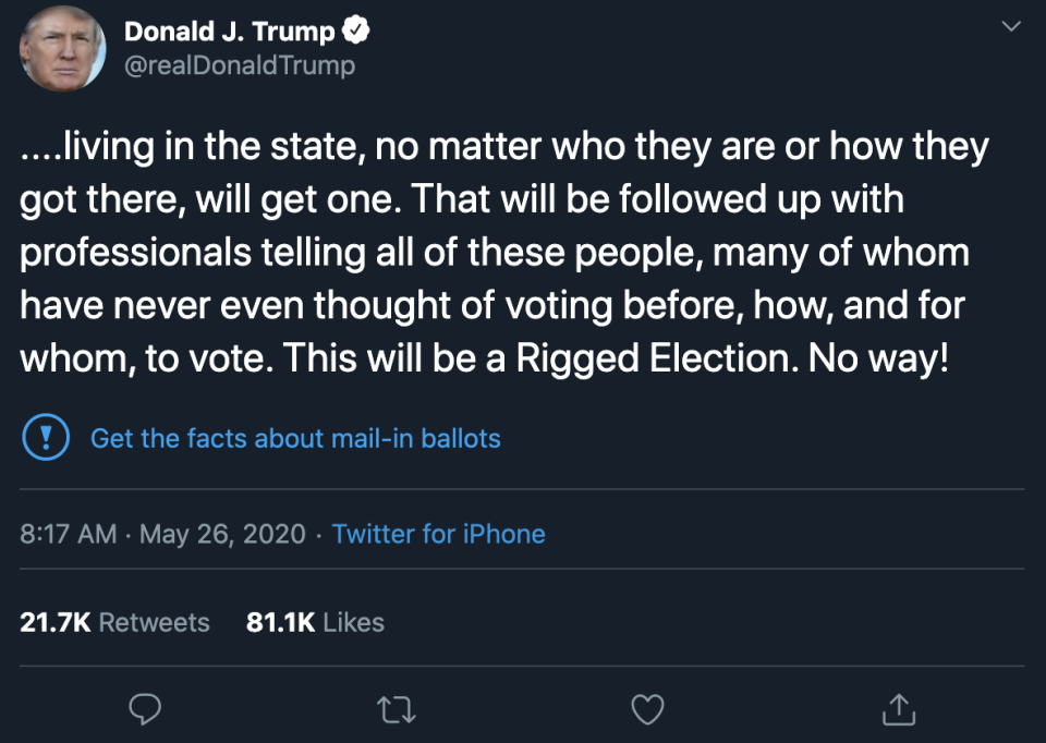 President Trump's initial tweet about mail-in ballots was the first to receive a warning from Twitter. (Image: Twitter)