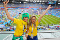 <p>Brazil’s female fans soak up the atmosphere in St Petersburg </p>