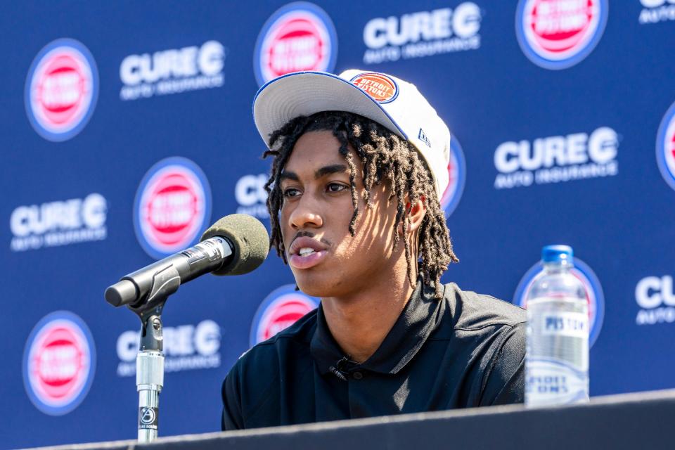 Pistons draft pick Jaden Ivey speaks during the Pistons' news conference on Friday, June 24, 2022, at Rouge Park.