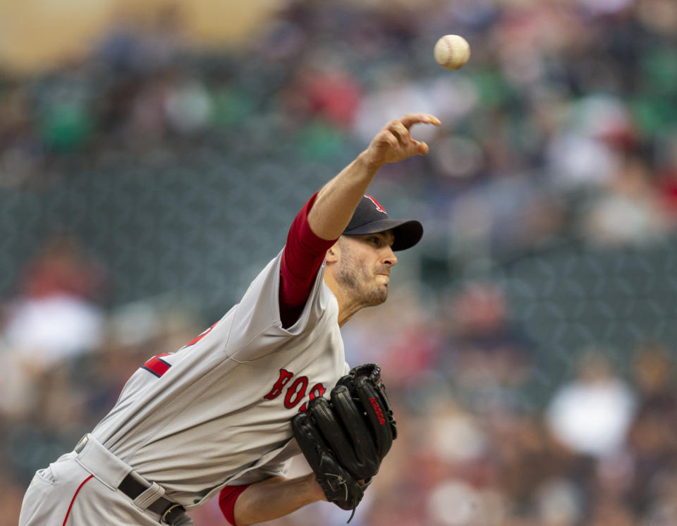 Boson Red Sox pitcher Rick Porcello throws to the Minnesota Twins in the first inning of a baseball game Monday, June 17, 2019 in Minneapolis. (AP Photo/Andy Clayton- King)