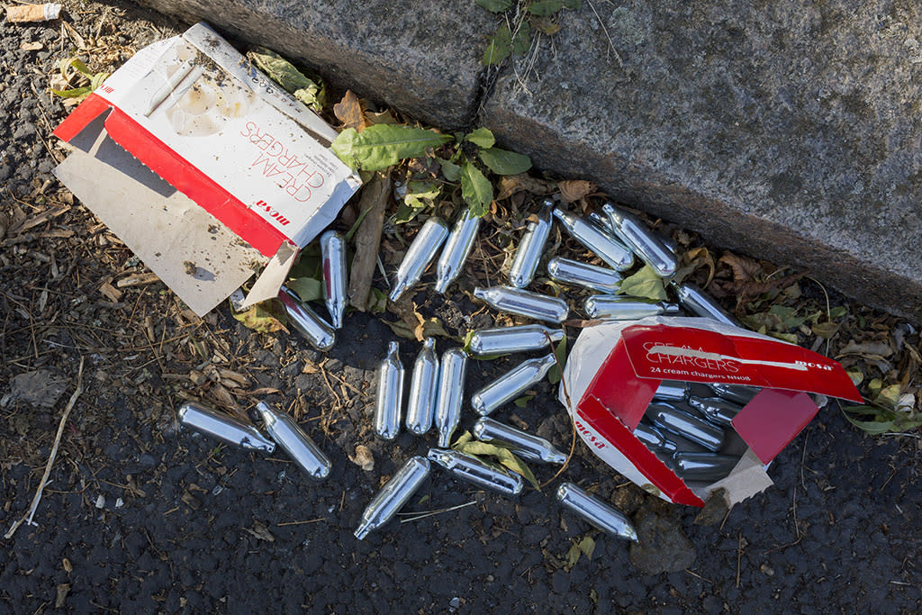 Nitrous oxide is found in small metal cartridges. Some teens inhale them to get high. (Photo: Getty Images)
