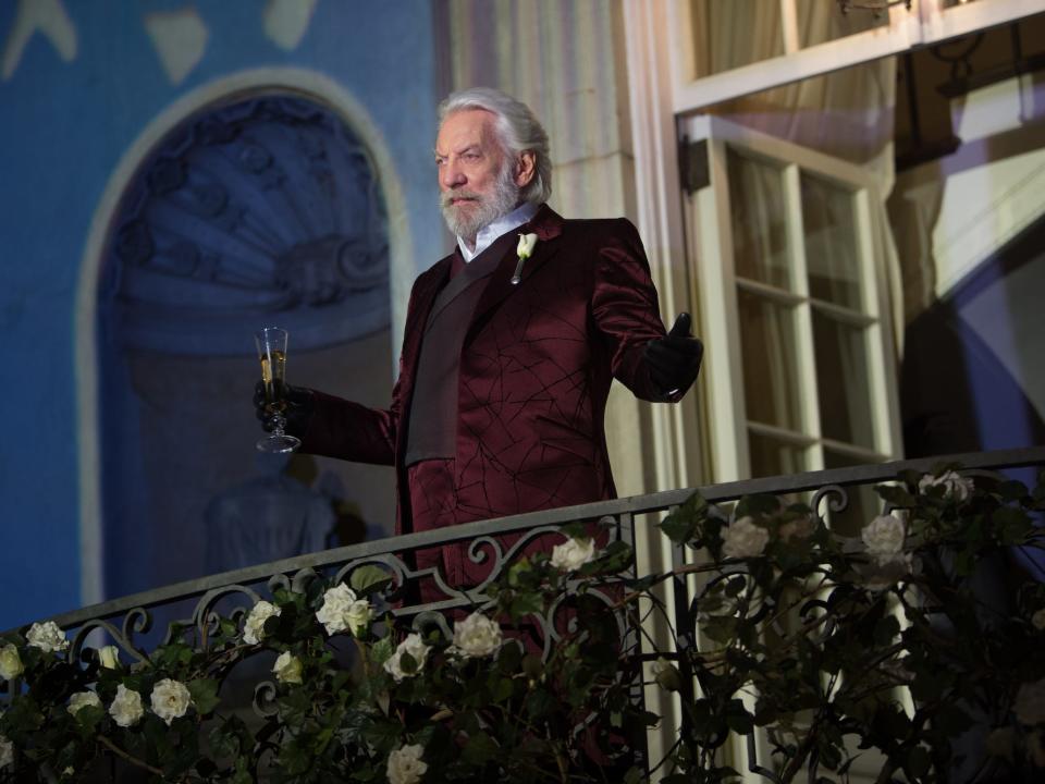 President Snow, played by Donald Sutherland, stands on the balcony of Swan House in "The Hunger Games: Catching Fire."