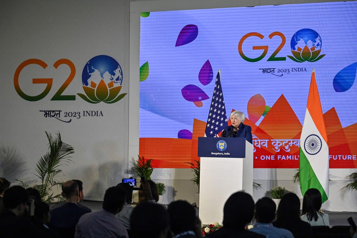 US Secretary of Treasury Janet Yellen addresses the media during a news conference in Bengaluru (AFP via Getty Images)