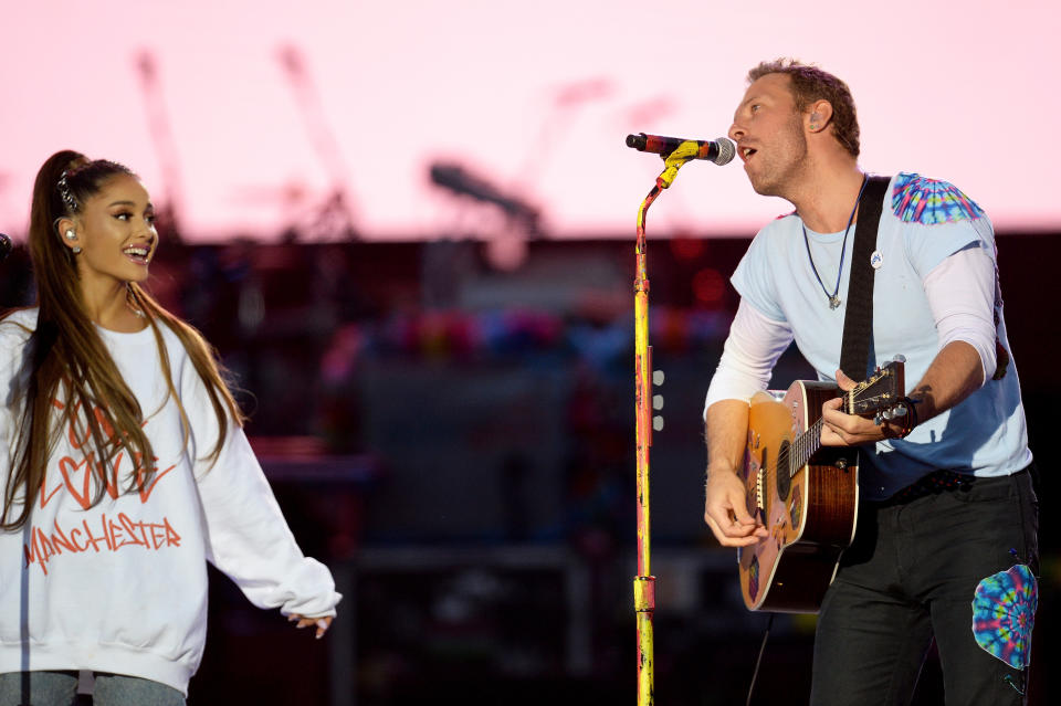 &nbsp;In this handout provided by 'One Love Manchester' benefit concert (L) Ariana Grande and Chris Martin perform on stage on June 4, 2017 in Manchester, England.&nbsp;