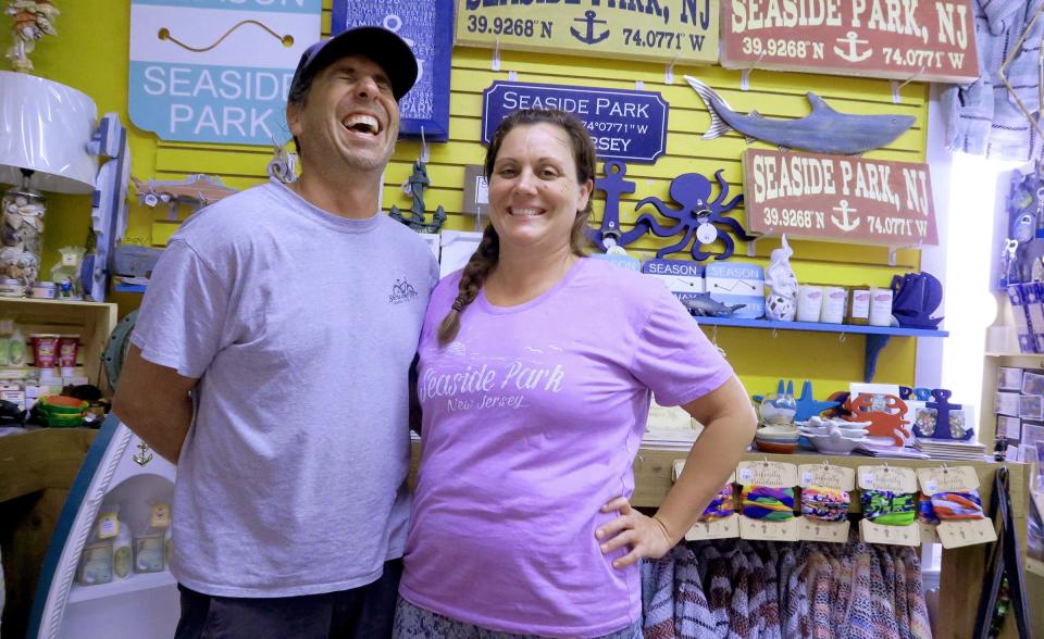 Shore and More General Store husband-and-wife owners Deborah and Dominick Solazzo are shown inside the Seaside Park business Thursday, June 16, 2022.   The seven-year-old store provides "all of your beach needs and more," including beach bikes, beach carts, towels, apparel, beach-related gifts, and more. 
