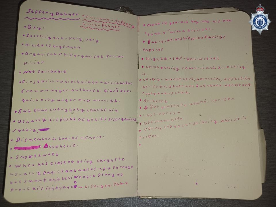 Notebook belonging to Scarlett Jenkinson with notes about serial killer Jeffery Dahmer. (PA)