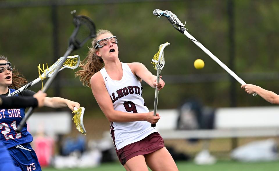 Camdyn Swain of Falmouth puts a shot on West Springfield goal defended by Audrey Canata.