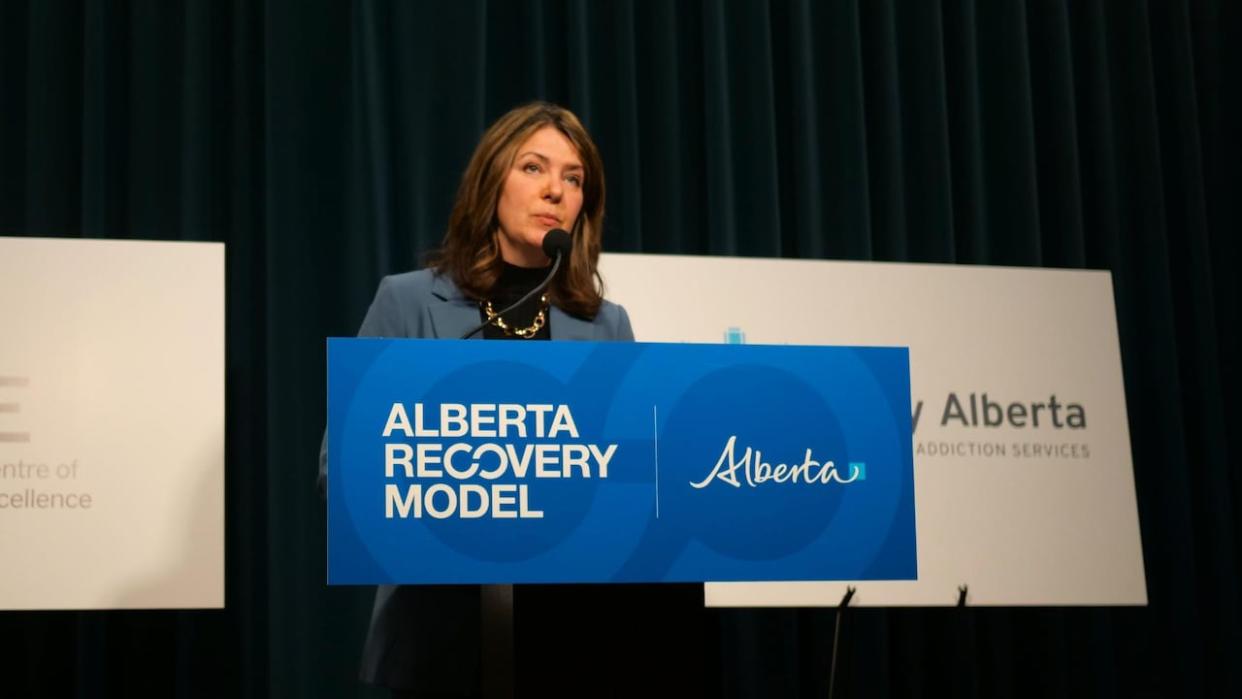 Alberta Premier Danielle Smith spoke about the creation of two new organizations during a news conference in Calgary on Tuesday. (Édith Boisvert/Radio-Canada - image credit)