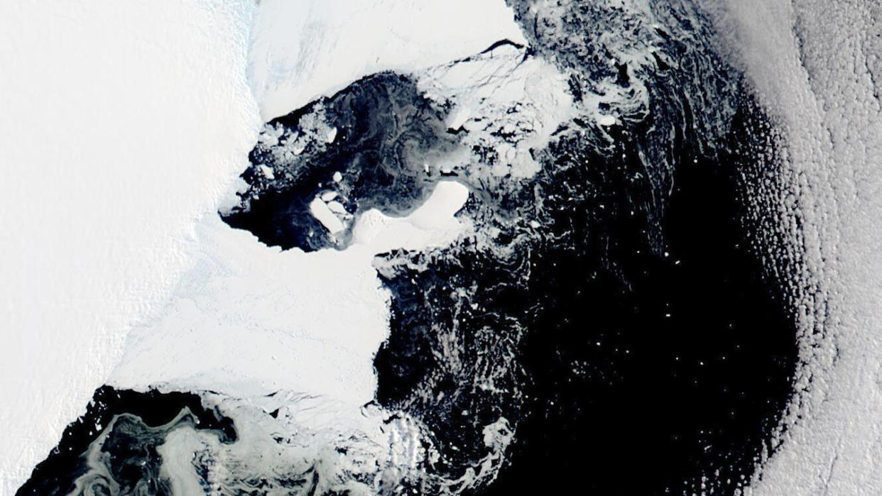 This satellite image provided by NASA, Aqua MODIS 12 on March 2022  shows the main piece of C-37 close to Bowman Island.  Scientists are concerned because an ice shelf the size of New York City collapsed in East Antarctica, an area that had long been thought to be stable. The collapse last week was the first time scientists have ever seen an ice shelf collapse in this cold area of Antarctica. (NASA via AP)