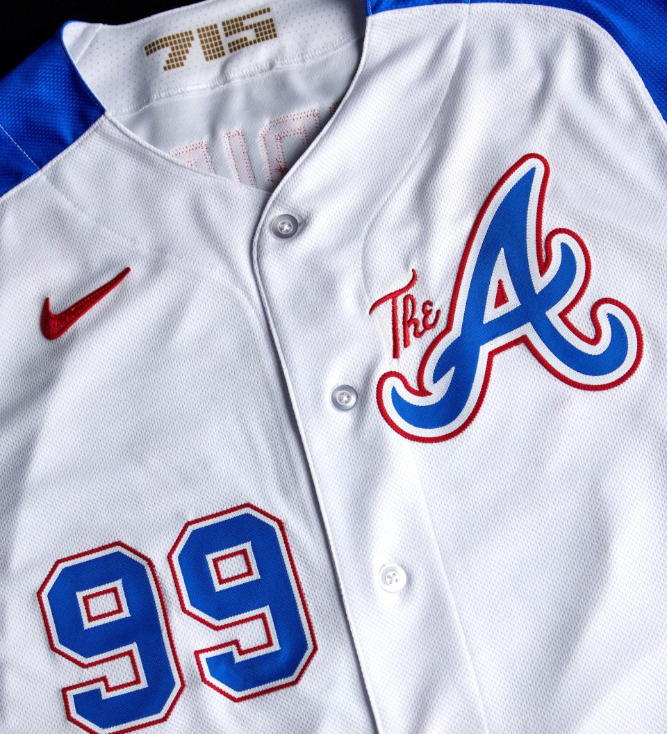 NORTH PORT, FL - FEBRUARY 22: The Atlanta Braves City Connect jerseys photographed during Spring Training at Cool Today Park on February 22, 2023. (Photo by Kevin D. Liles/Atlanta Braves)