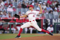 Los Angeles Angels starting pitcher Tyler Anderson throws to the plate during the first inning of a baseball game against the Kansas City Royals Saturday, May 11, 2024, in Anaheim, Calif. (AP Photo/Mark J. Terrill)